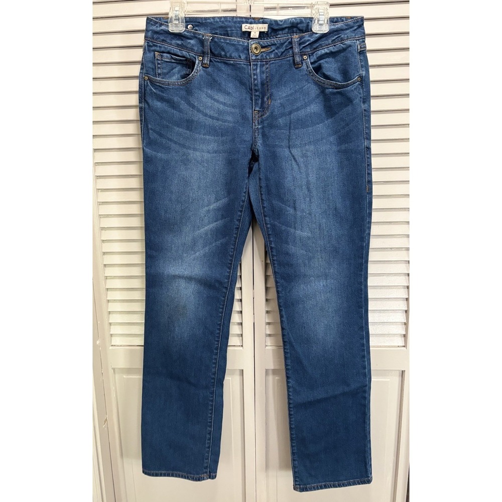 CAbi Medium Wash Denim Straight Leg Jeans Low Rise Size 8 Pockets Logo